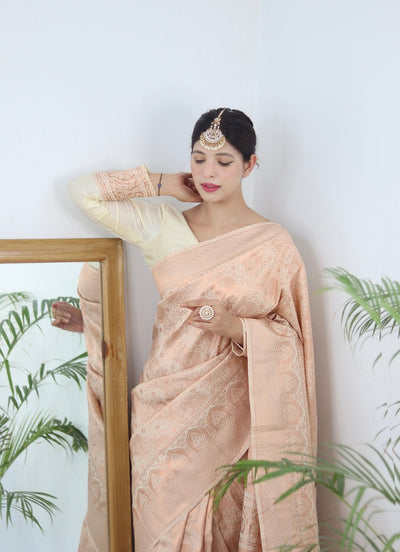 Off White Pure Satin Silk Saree With Designer Blouse - Almaari Fashion