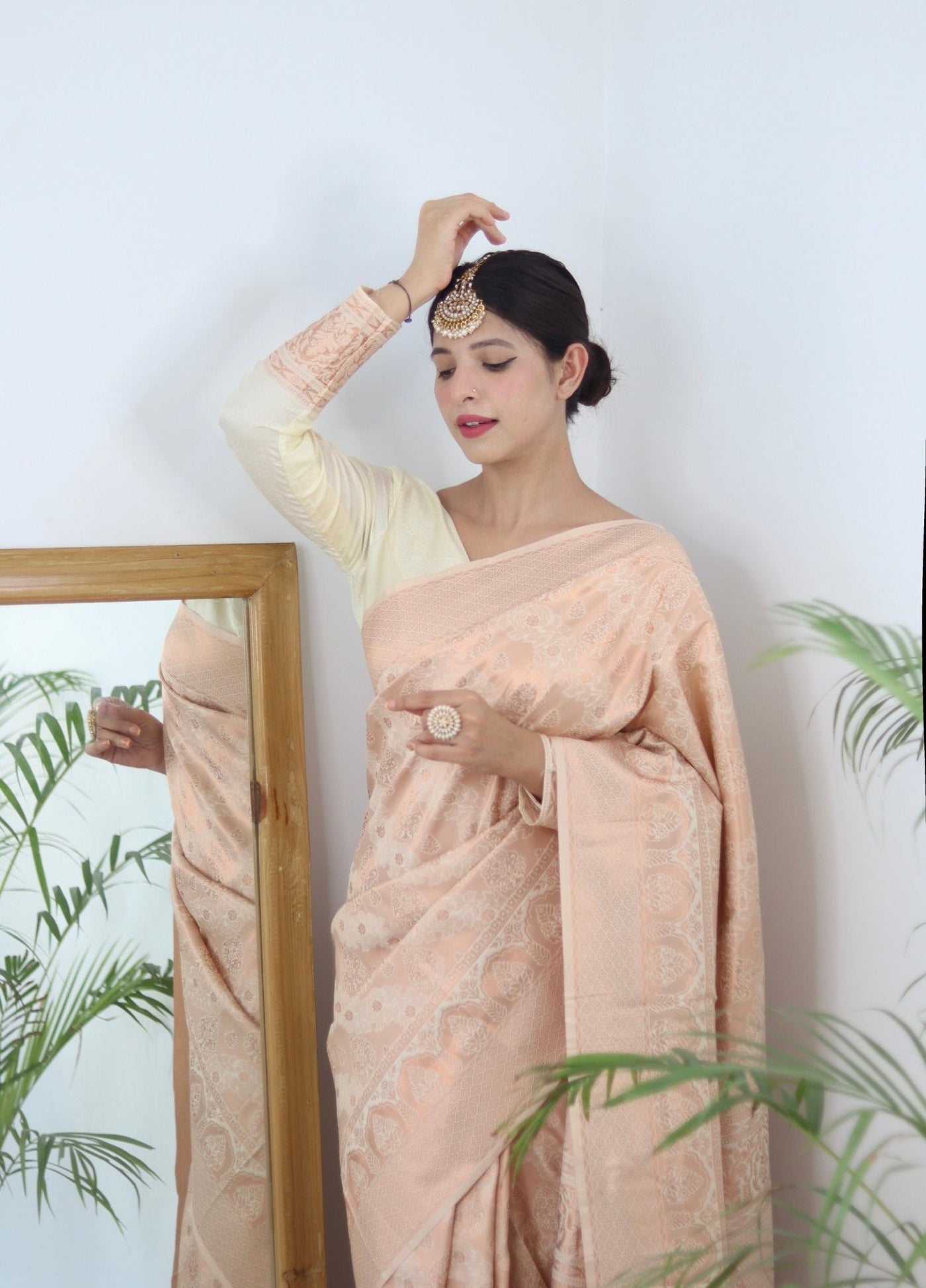 Off White Pure Satin Silk Saree With Designer Blouse - Almaari Fashion