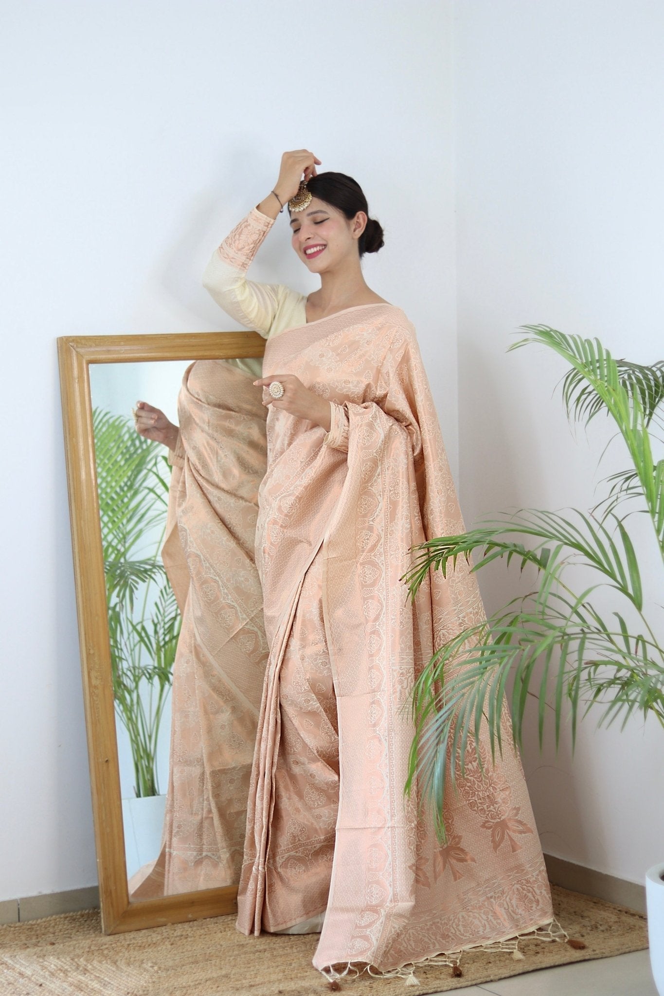 Off White Pure Satin Silk Saree With Designer Blouse - Almaari Fashion