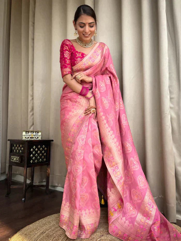 Onion Pink Pure Banarasi Silk Saree With Twirling Blouse Piece - Almaari Fashion