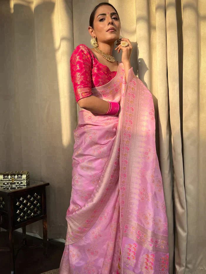 Onion Pink Pure Banarasi Silk Saree With Twirling Blouse Piece - Almaari Fashion