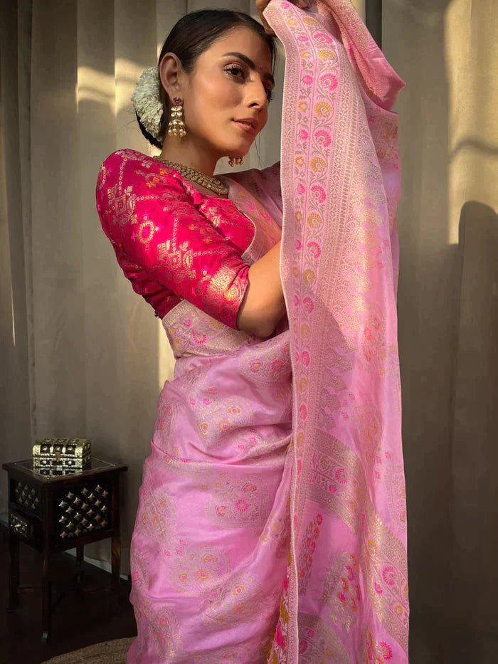 Onion Pink Pure Banarasi Silk Saree With Twirling Blouse Piece - Almaari Fashion