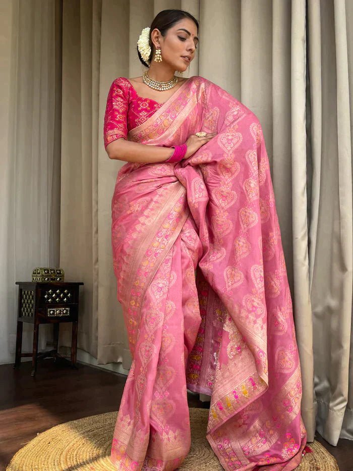 Onion Pink Pure Banarasi Silk Saree With Twirling Blouse Piece - Almaari Fashion