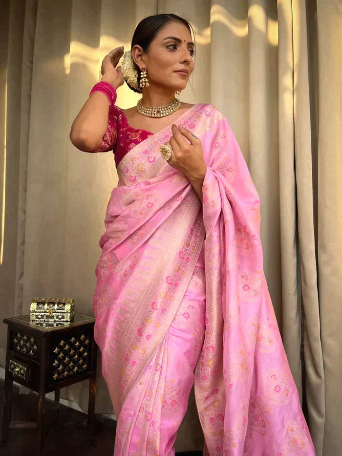 Onion Pink Pure Banarasi Silk Saree With Twirling Blouse Piece - Almaari Fashion