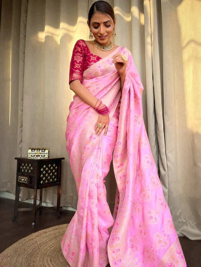 Onion Pink Pure Banarasi Silk Saree With Twirling Blouse Piece - Almaari Fashion