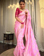 Onion Pink Pure Banarasi Silk Saree With Twirling Blouse Piece