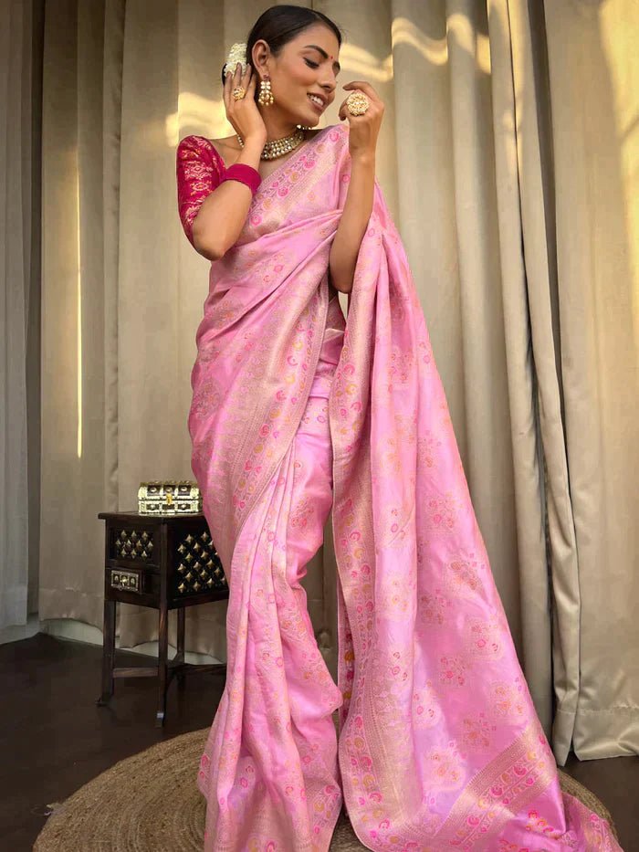 Onion Pink Pure Banarasi Silk Saree With Twirling Blouse Piece - Almaari Fashion