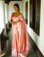 Onion Pink Pure Banarasi Silk Saree With Twirling Blouse Piece