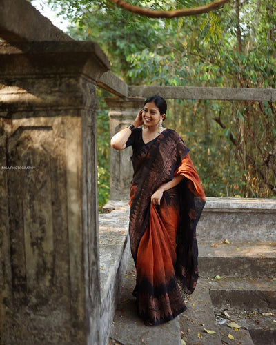 Orange & Black Pure Kanjivaram Silk Saree Stylish Blouse Piece - Almaari Fashion