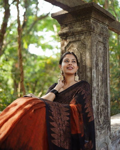 Orange & Black Pure Kanjivaram Silk Saree Stylish Blouse Piece - Almaari Fashion