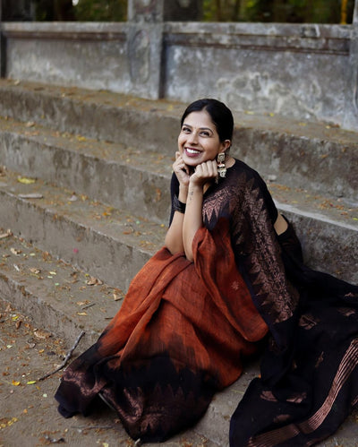 Orange & Black Pure Kanjivaram Silk Saree Stylish Blouse Piece - Almaari Fashion