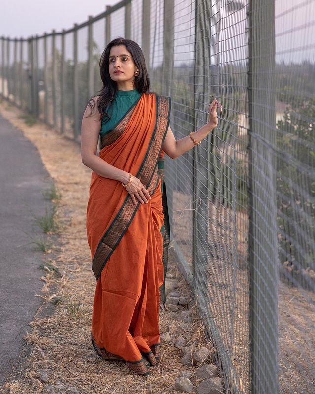 Orange & Dark Green Combination Pure Banarasi Silk Saree With Attractive Blouse Piece - Almaari Fashion