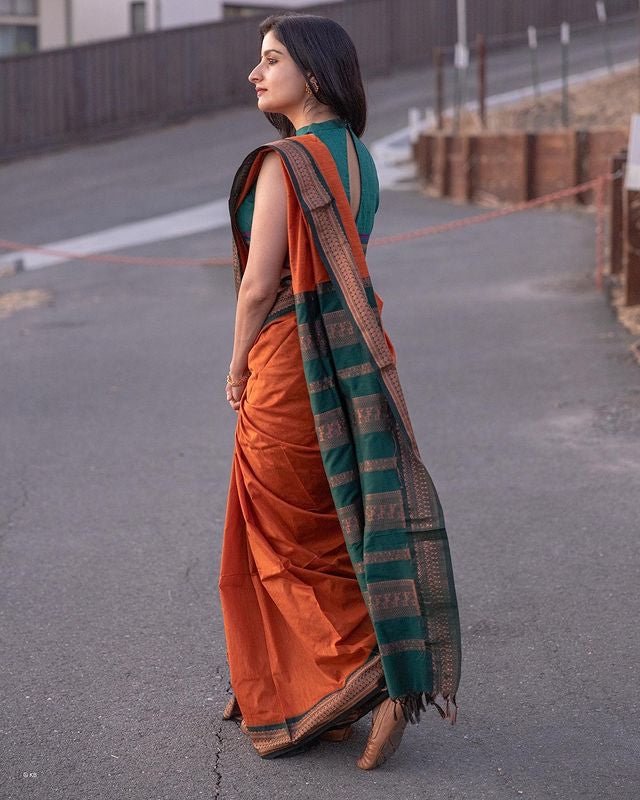 Orange & Dark Green Combination Pure Banarasi Silk Saree With Attractive Blouse Piece - Almaari Fashion