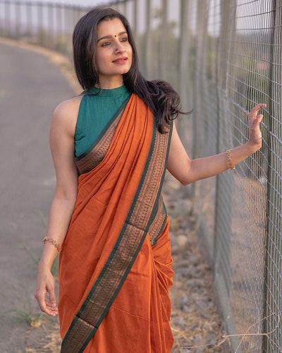 Orange & Dark Green Combination Pure Banarasi Silk Saree With Attractive Blouse Piece - Almaari Fashion