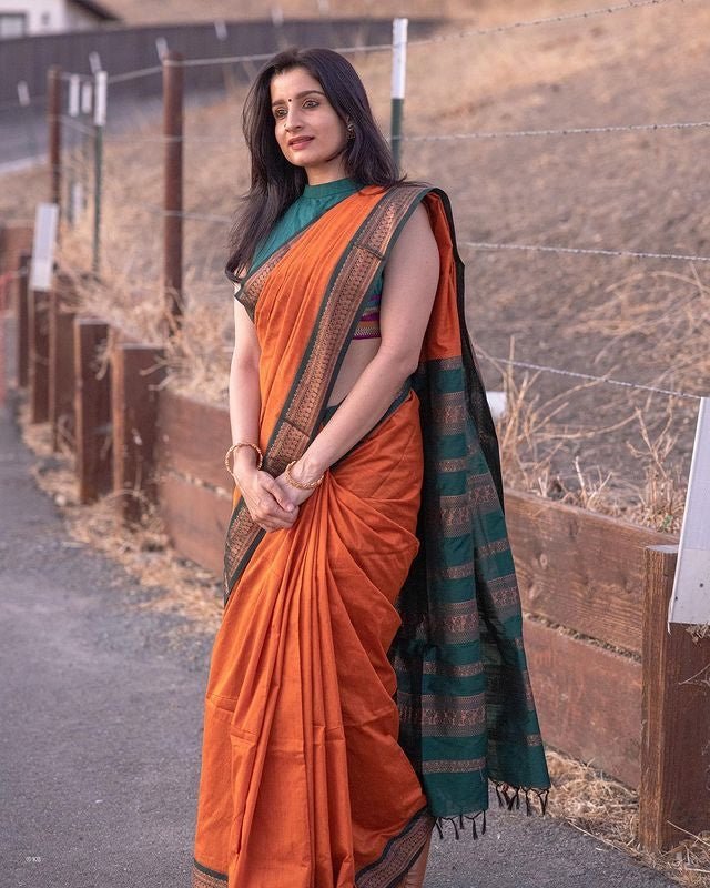 Orange & Dark Green Combination Pure Kanjivaram Silk Saree With Attractive Blouse Piece - Almaari Fashion