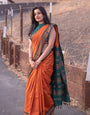 Orange & Dark Green Combination Pure Kanjivaram Silk Saree With Attractive Blouse Piece