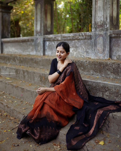 Orange Pure Banarasi Silk Saree Stylish Blouse Piece - Almaari Fashion