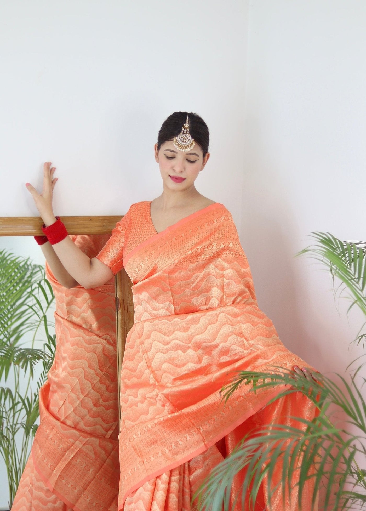 Orange Pure Kanjivaram Silk Saree With Twirling Blouse Piece - Almaari Fashion