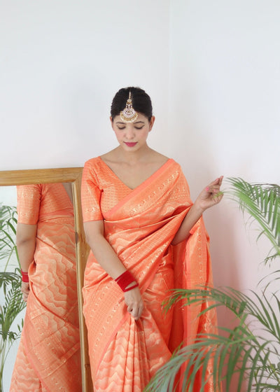 Orange Pure Kanjivaram Silk Saree With Twirling Blouse Piece - Almaari Fashion