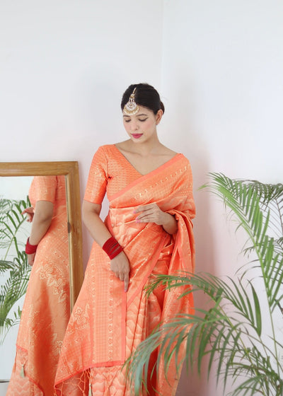 Orange Pure Kanjivaram Silk Saree With Twirling Blouse Piece - Almaari Fashion