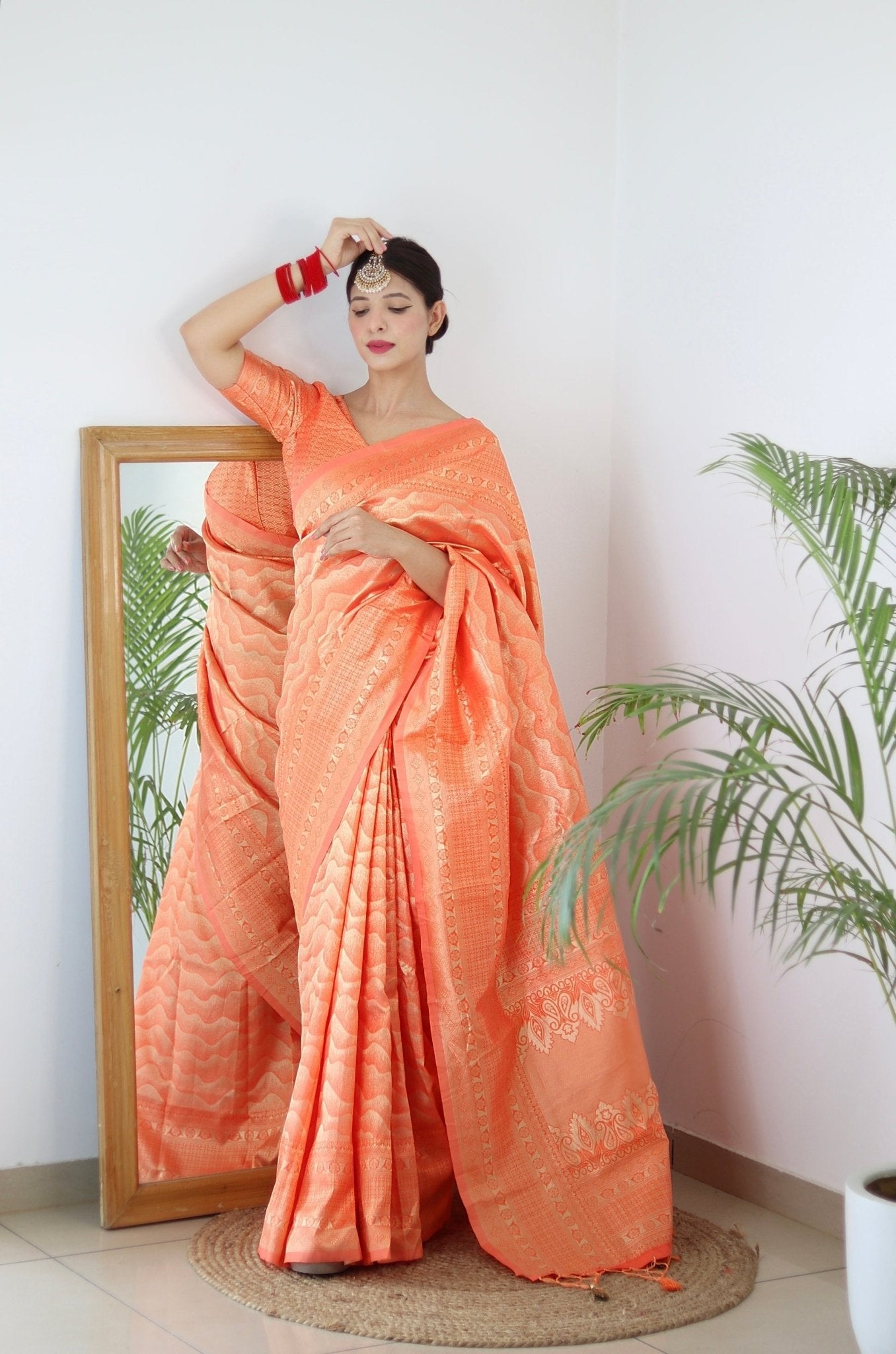 Orange Pure Kanjivaram Silk Saree With Twirling Blouse Piece - Almaari Fashion