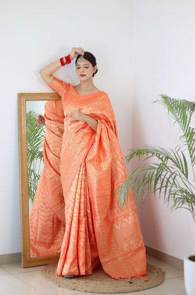 Orange Pure Kanjivaram Silk Saree With Twirling Blouse Piece - Almaari Fashion