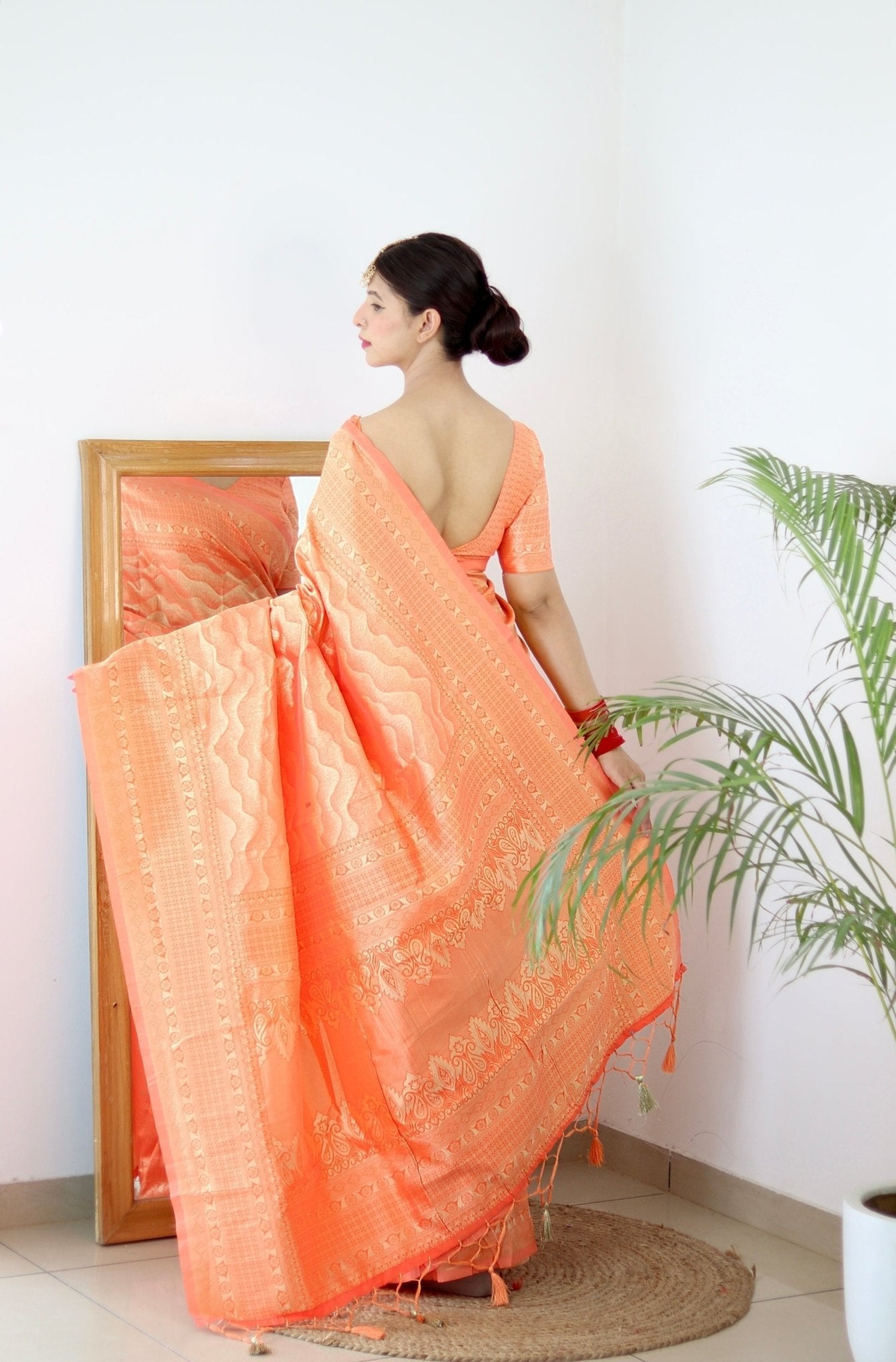 Orange Pure Kanjivaram Silk Saree With Twirling Blouse Piece - Almaari Fashion