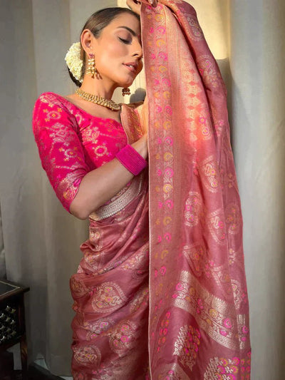 Orchid Pink Pure Banarasi Silk Saree With Twirling Blouse Piece - Almaari Fashion