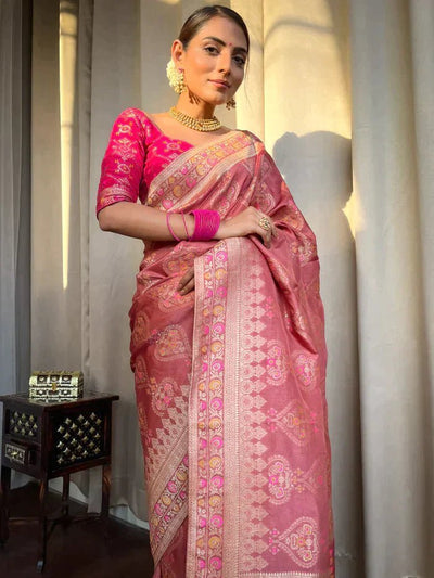 Orchid Pink Pure Banarasi Silk Saree With Twirling Blouse Piece - Almaari Fashion