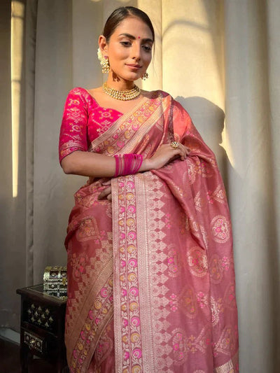 Orchid Pink Pure Banarasi Silk Saree With Twirling Blouse Piece - Almaari Fashion