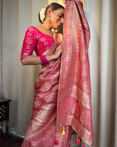 Orchid Pink Pure Banarasi Silk Saree With Twirling Blouse Piece - Almaari Fashion