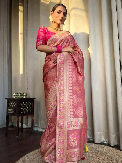 Orchid Pink Pure Banarasi Silk Saree With Twirling Blouse Piece - Almaari Fashion