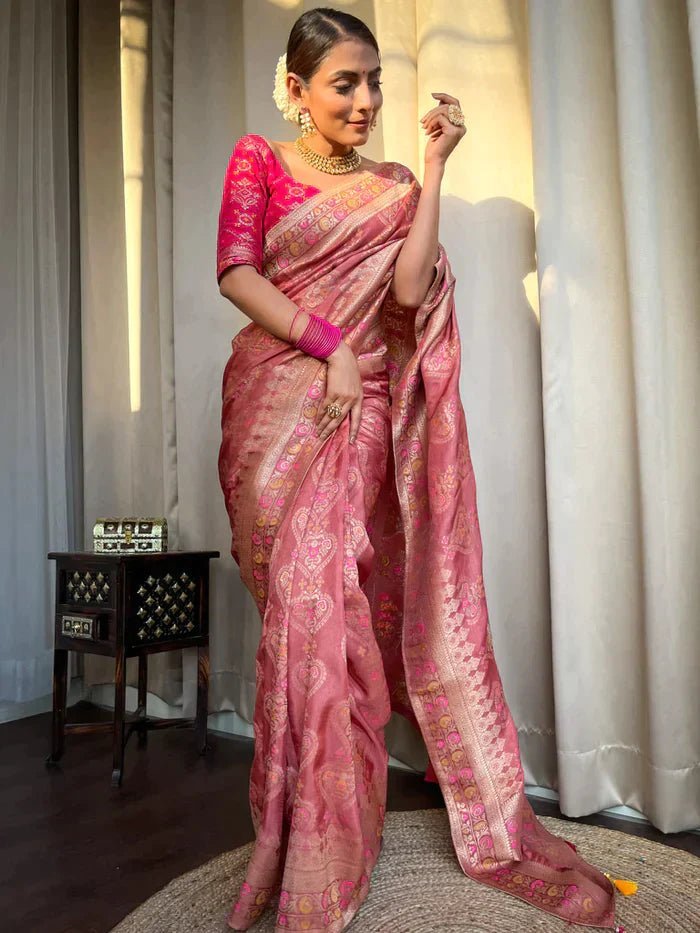 Orchid Pink Pure Banarasi Silk Saree With Twirling Blouse Piece - Almaari Fashion