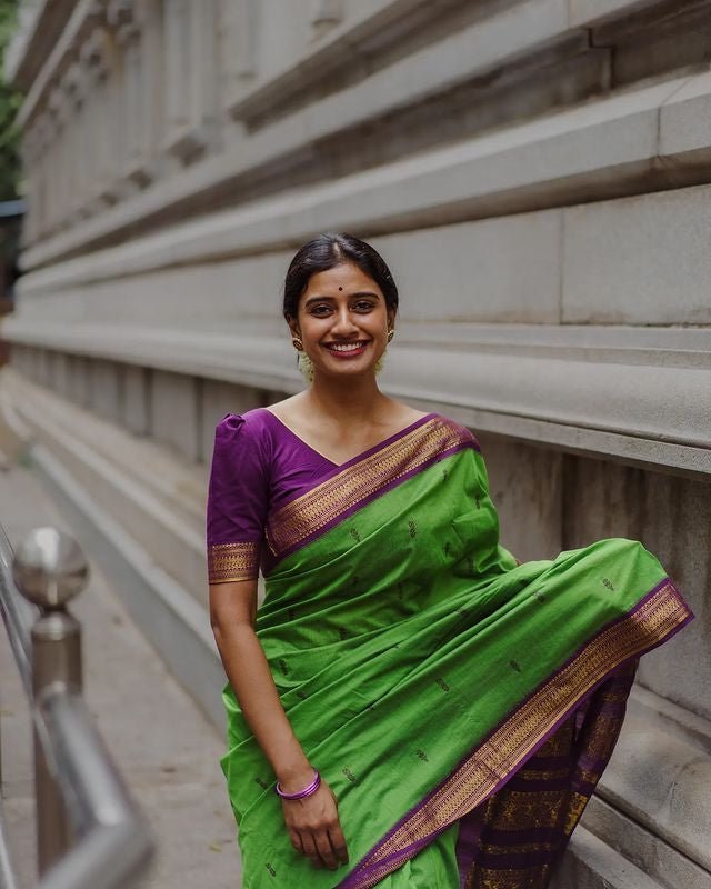 P Green And Purple Combination Pure Kanjivaram Silk Saree With Attractive Blouse Piece - Almaari Fashion