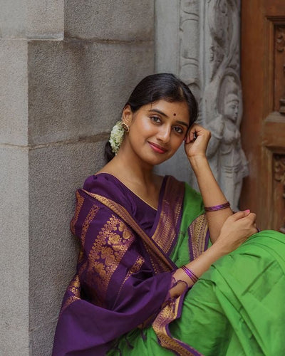 P Green And Purple Combination Pure Kanjivaram Silk Saree With Attractive Blouse Piece - Almaari Fashion