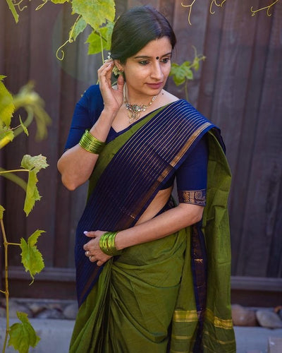 Parrot Green With Royal Blue Combination Pure Banarasi Silk Saree With Attractive Blouse Piece - Almaari Fashion