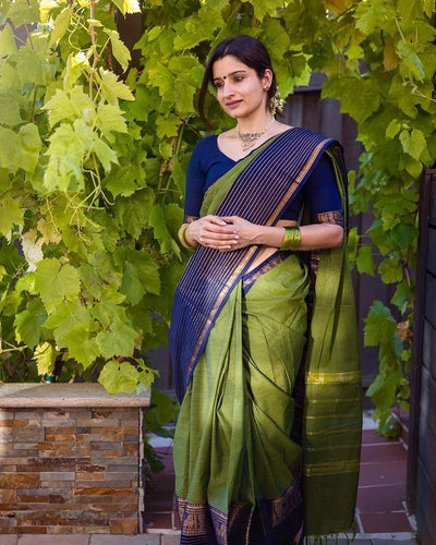 Parrot Green With Royal Blue Combination Pure Banarasi Silk Saree With Attractive Blouse Piece - Almaari Fashion