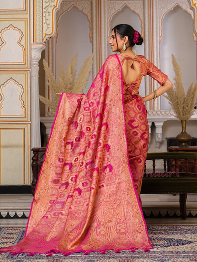 Peach Color Pure Organza Saree Adorned with Zari Weaving, Complete with Matching Blouse Piece - Almaari Fashion