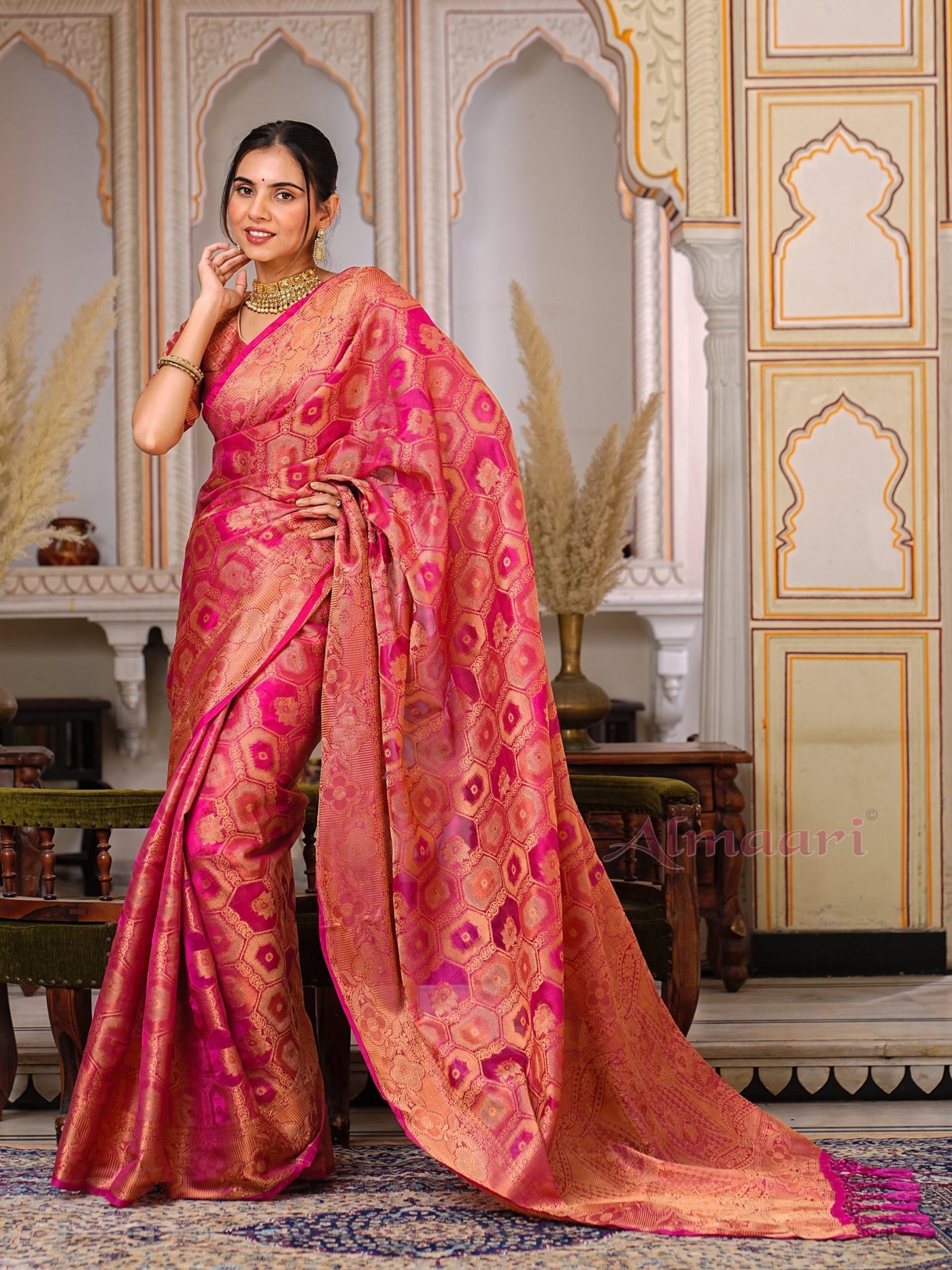 Peach Color Pure Organza Saree Adorned with Zari Weaving, Complete with Matching Blouse Piece - Almaari Fashion