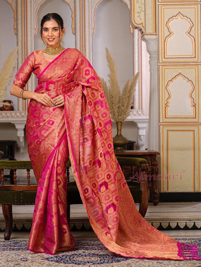 Peach Color Pure Organza Saree Adorned with Zari Weaving, Complete with Matching Blouse Piece - Almaari Fashion