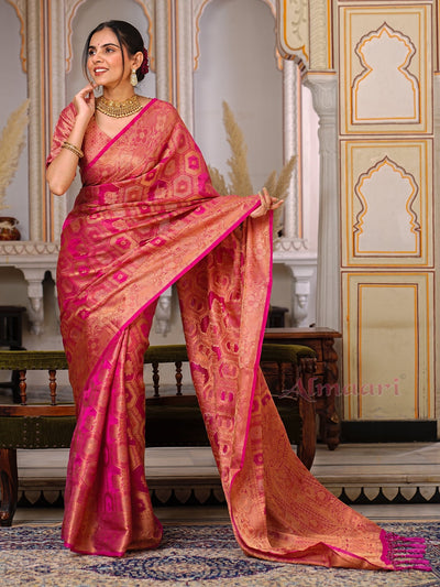 Peach Color Pure Organza Saree Adorned with Zari Weaving, Complete with Matching Blouse Piece - Almaari Fashion