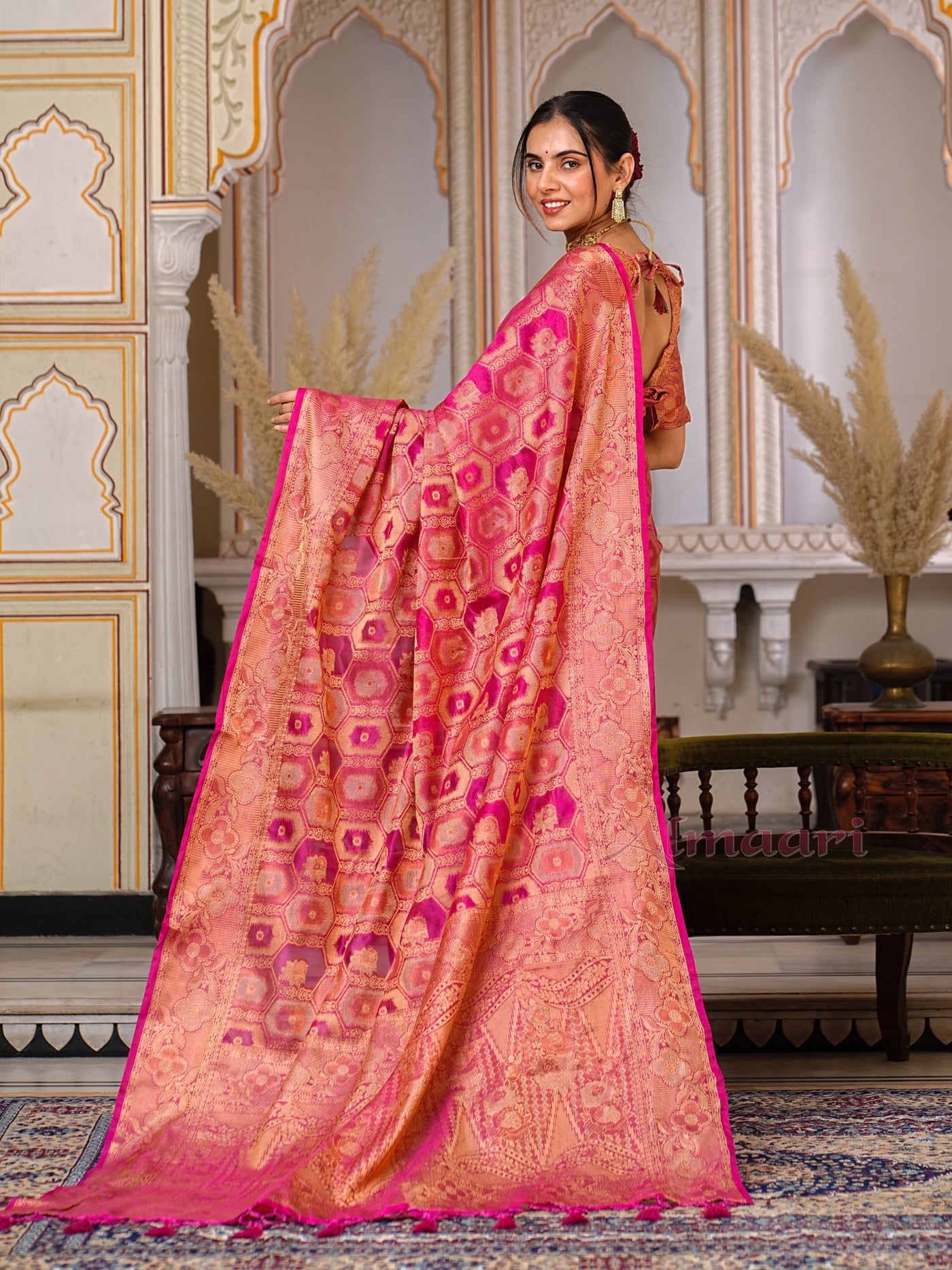 Peach Color Pure Organza Saree Adorned with Zari Weaving, Complete with Matching Blouse Piece - Almaari Fashion