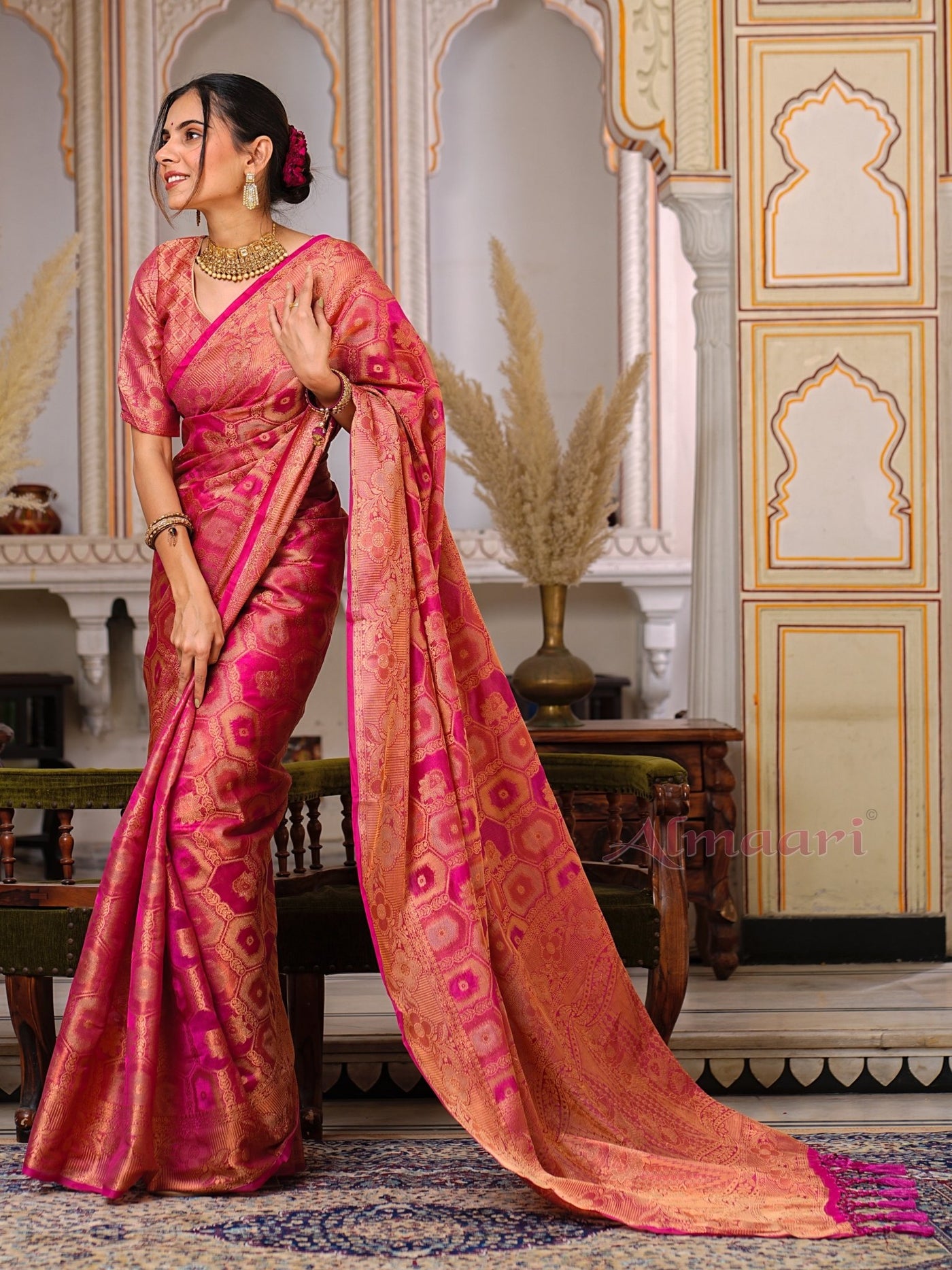 Peach Color Pure Organza Saree Adorned with Zari Weaving, Complete with Matching Blouse Piece - Almaari Fashion