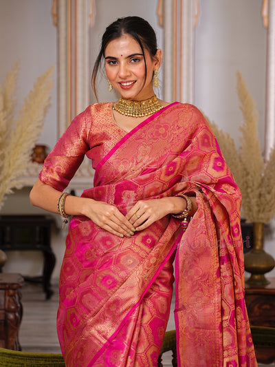 Peach Color Pure Organza Saree Adorned with Zari Weaving, Complete with Matching Blouse Piece - Almaari Fashion