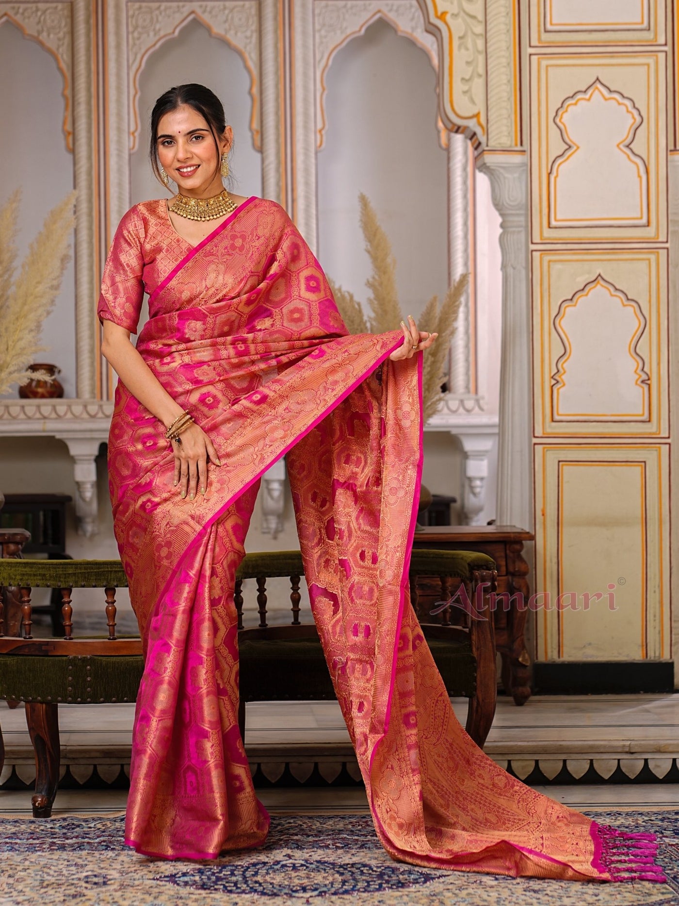 Peach Color Pure Organza Saree Adorned with Zari Weaving, Complete with Matching Blouse Piece - Almaari Fashion