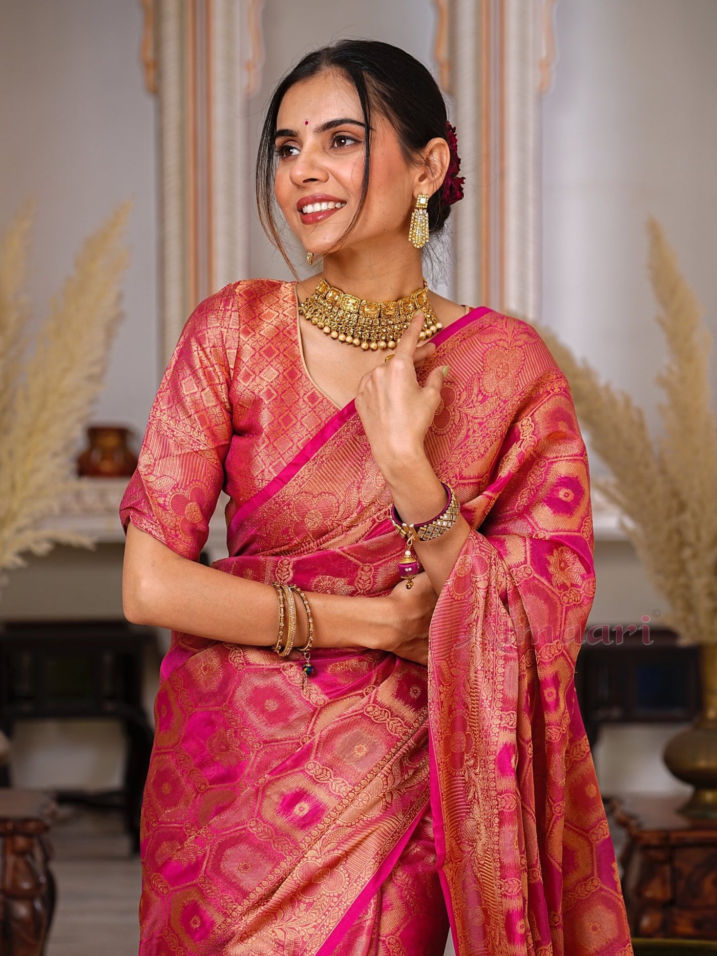 Peach Color Pure Organza Saree Adorned with Zari Weaving, Complete with Matching Blouse Piece - Almaari Fashion