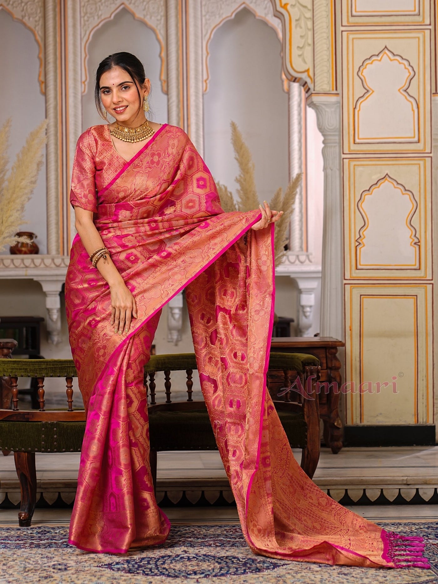 Peach Color Pure Organza Saree Adorned with Zari Weaving, Complete with Matching Blouse Piece - Almaari Fashion