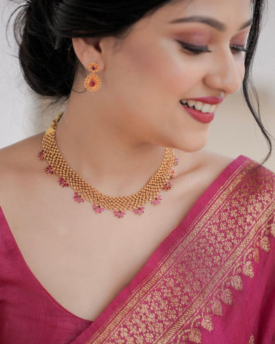 Peach Pure Banarasi Silk Weaved With Copper Zari Comes With Heavy Banarasi Brocade Blouse - Almaari Fashion