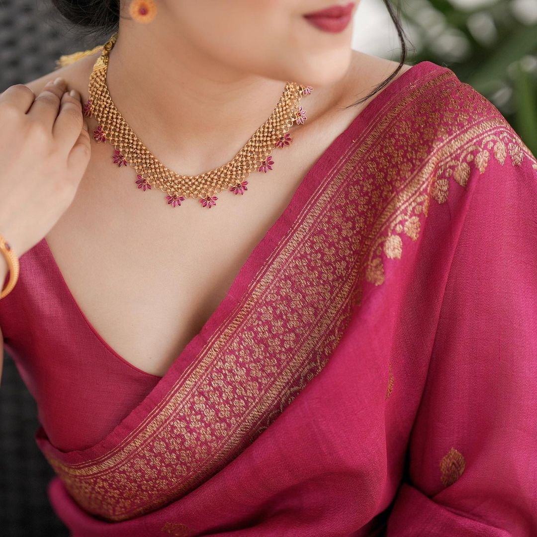 Peach Pure Banarasi Silk Weaved With Copper Zari Comes With Heavy Banarasi Brocade Blouse - Almaari Fashion