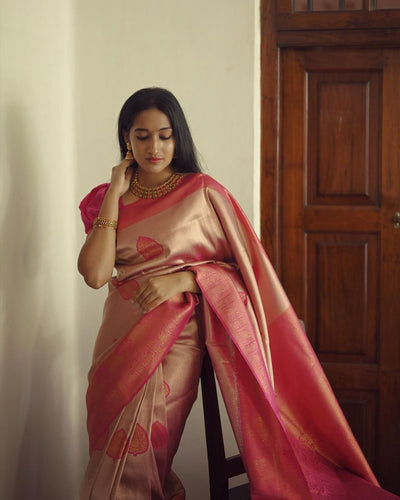 Peach Pure Kanjivaram Silk Saree Stylish Blouse Piece - Almaari Fashion